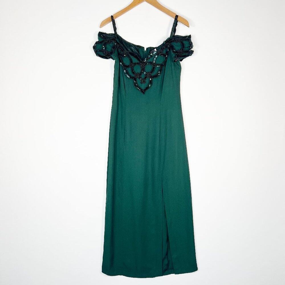 Vintage 90s Niki Originals Emerald Green Beaded Sequin Gown Dress Womens 8